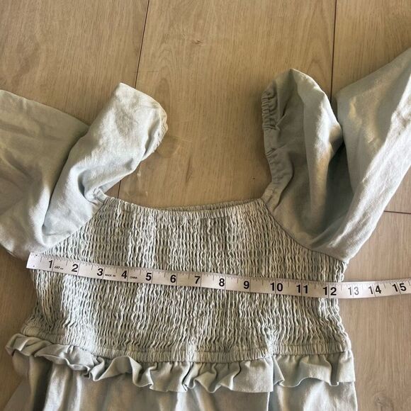 7 FOR ALL MANKIND LINEN BLEND SMOCKED PUFF SLEEVE DRESS SIZE SMALL - Picture 3 of 7